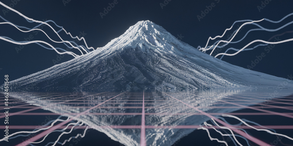 Poster Stylized snowy mountain reflected on grid, abstract lines add dynamism, showcasing a serene yet futuristic concept ideal for technology or nature themes