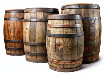 Fototapeta premium Vintage Wooden Barrels, Rustic Old Wine Casks, Aged Wood Texture, Isolated Background, Stock Photo