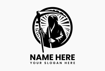 Minimalist line-art grim reaper holding a scythe in hooded cloak, elegant black and white vector logo design evoking mystery, darkness, and timeless death symbolism  