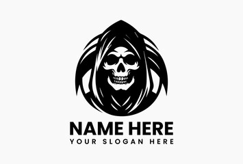 Minimalist line-art grim reaper holding a scythe in hooded cloak, elegant black and white vector logo design evoking mystery, darkness, and timeless death symbolism  