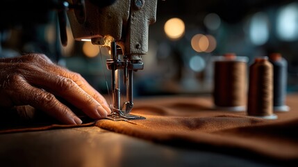 Focused African adult craftsman sewing leather in workshop