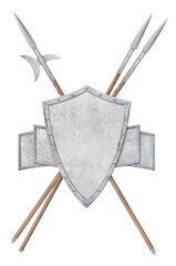 shield with halberd and two spears isolated on white