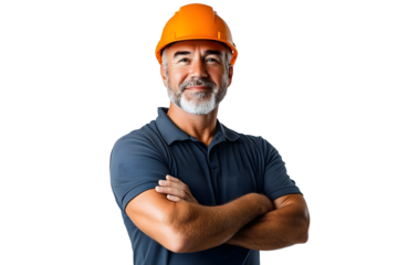 Portrait of a senior construction engineer worker wearing a hat with arms crossed, isolated on transparent background