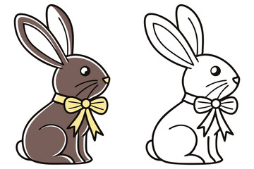 Brown easter bunny sits beside a line art version, both decorated with yellow ribbon bows