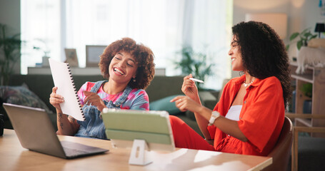 Happy, women and team with paperwork in home office for comedy script, laugh and joking. Remote...