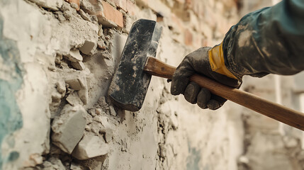 Construction Worker Using Sledgehammer on Brick Wall