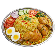 Fototapeta premium Layered Omani Rice & Chicken Platter with Boiled Eggs