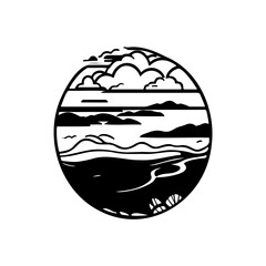 Minimalist Landscape Design in Circular Frame: A Serene Coastline Depiction