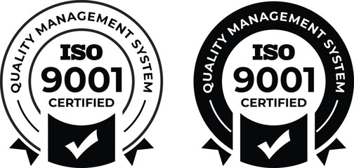 ISO 9001 Certified Quality Management System Icons | Black and White Compliance Stamps for Business and Manufacturing Excellence
