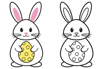 A colored bunny and a black line bunny hold an Easter egg with circles