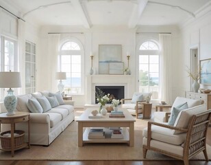 Elegant Coastal Living Room with White Sofas and Fireplace