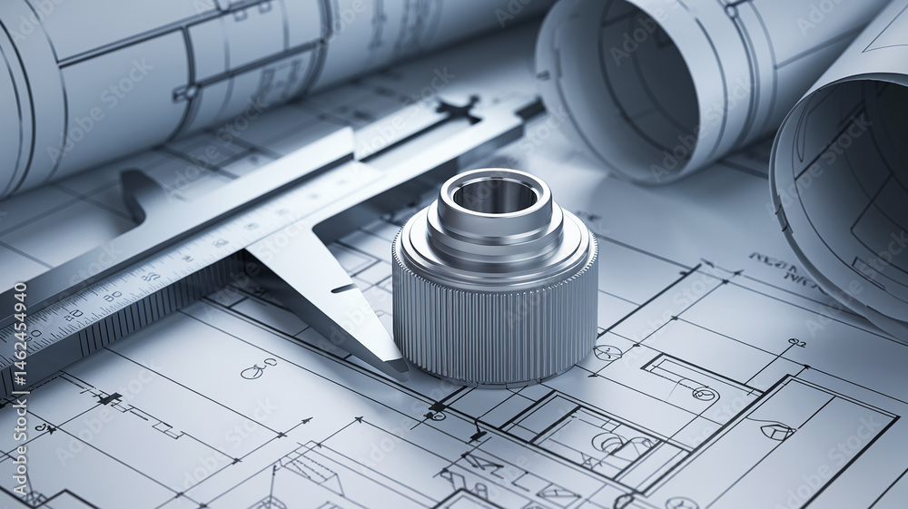 Poster close-up of metallic part on blueprint, showcasing precision engineering design, symbolizing accurac