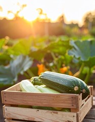 Freshly Harvested Zucchini on Wooden Crate in Vegetable Patch at Sunset