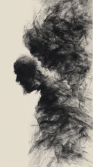 Abstract charcoal sketch, dark grayscale texture on beige background, suggesting depth and emotion, possibly representing solitude or introspection