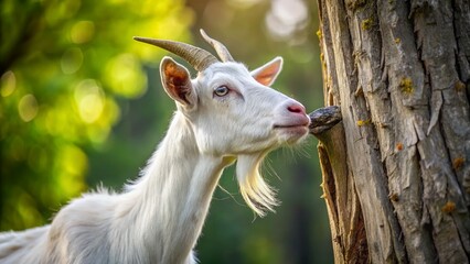 Obraz premium White Goat Eating Tree Bark - Farm Animal Stock Photo