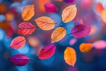 Obraz premium Fallen Leaves in Vibrant Colors Dancing in a Gentle Breeze During Autumn, Showcasing Natures Seasonal Beauty