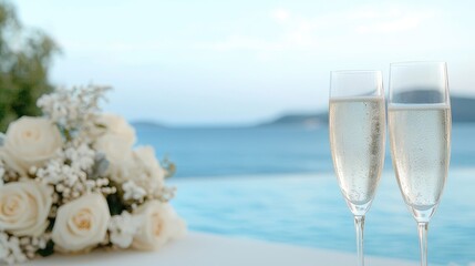 Champagne flutes beside a wedding bouquet by a pool overlooking the ocean