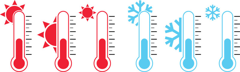 Hot and Cold Thermometer Set with Sun and Snowflakes | Weather Forecast and Temperature Icon for Meteorology, Climate Change, and Environmental Awareness Campaigns