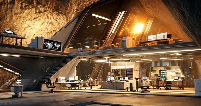 Futuristic underground laboratory with advanced technology and glowing screens, bustling activity