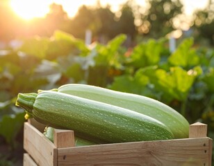 Freshly Harvested Zucchini on Wooden Crate in Vegetable Patch at Sunset