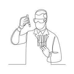 Continuous line sketch drawing of male scientist analyze formula on laboratory tube. One line concept of medical science. Editable stroke vector illustration