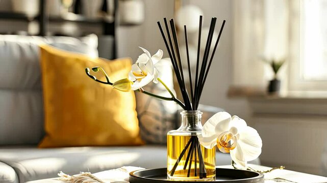 A cozy living room features a stylish floral diffuser with orange accents, creating a serene atmosphere in the afternoon light