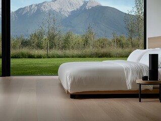 Modern bedroom with expansive mountain views.