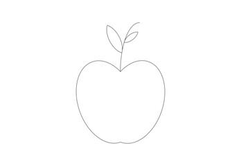 Apple Line Drawing with Two Leaves Simple Outline Illustration for Kids.