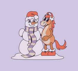 Cartoon snowman and horse in winter outfits