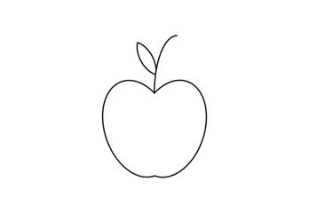 Apple Line Drawing with Leaf, Simple Outline Illustration for Kids.