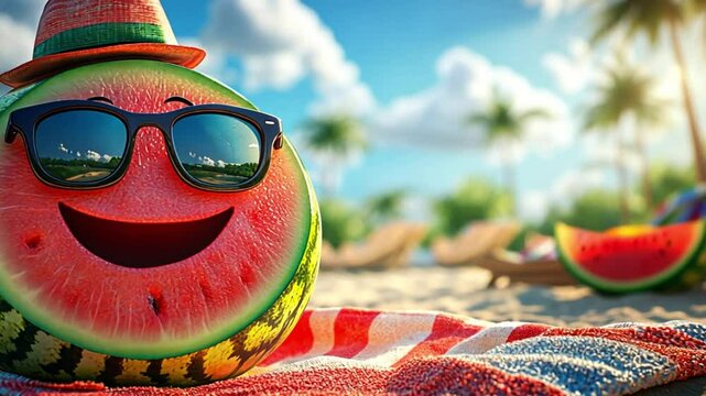 A cheerful watermelon wearing sunglasses and a straw hat sits on a beach towel. The background features a sunny beach scene with palm trees and a slice of watermelon nearby.