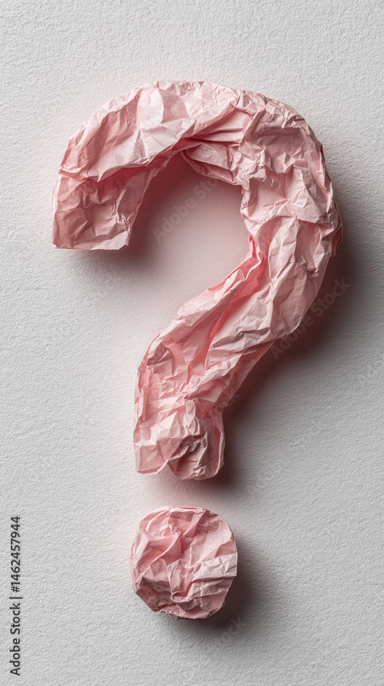 Poster pink crumpled paper forms question mark on white background, symbolizing uncertainty, query, or prob