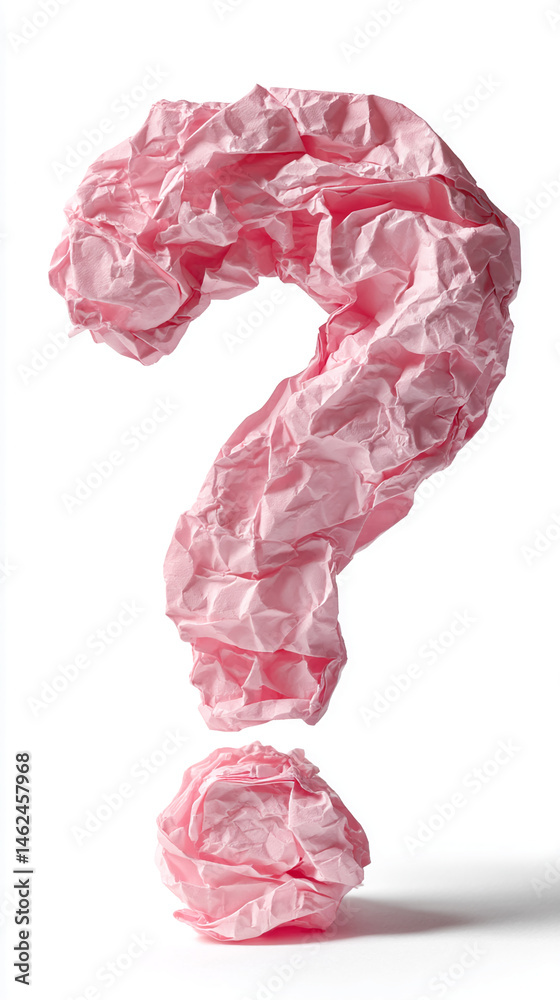 Poster pink crumpled paper forms a question mark, symbolizing inquiry, uncertainty, or problem-solving. sim