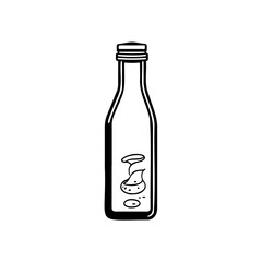 Monochrome whimsical bottle illustration featuring stylized liquid and sediments