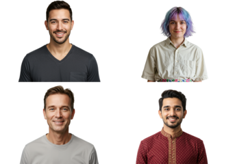 A Diverse Group of Four Males Featuring Different Ethnicities, Hairstyles, and Clothing Styles, Smiling Against a transparent background