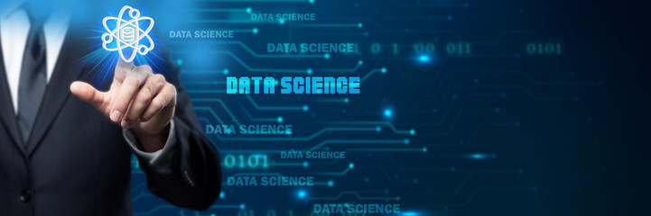 Businessman interacting with digital interface showing data science concept with abstract network and binary code. Ideal for technology, AI, and business themes.