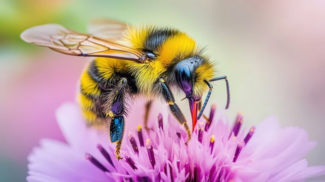 Close-up view of a fuzzy bee on a vibrant purple flower.