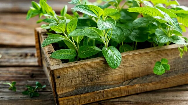 Lush mint leaves flourish in a wooden box on a weathered table, showcasing vibrant greenery and healthy growth in a cozy setting