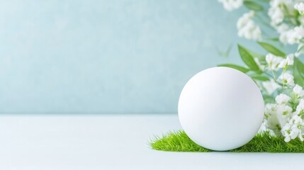 A white ceramic ball resting on green grass with delicate white flowers, soft pastel blue background, and minimalist and serene composition.