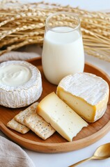 Delicious Cheese Plate with Milk and Crackers