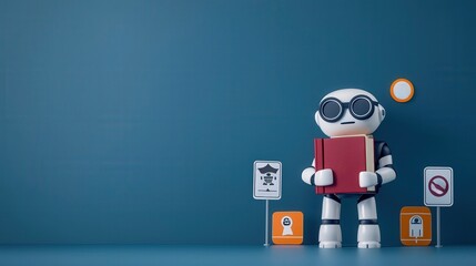 law restriction policy concept. A robot holds a book surrounded by various signs on a blue background.