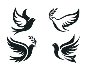 Obraz premium Dove of peace with olive branch, stylized black and white bird logo on a white background