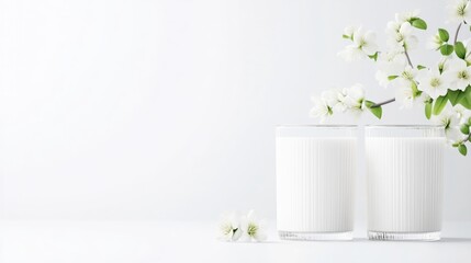 Two Glasses Milk with Spring Blossoms Minimalist Bright Lighting Horizontal Close-up Shot Refreshing Beverage White Flowers Pure Clean Aesthetic Food Photography