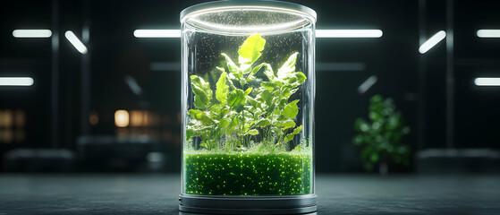 A futuristic terrarium showcases vibrant plants. It offers an aesthetic appeal and could be a decorative piece adding a touch of nature to modern spaces.