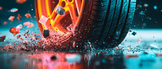 This image depicts a car tire crushing something with dramatic lighting. Great for promotional material about power strength or a tire ad.