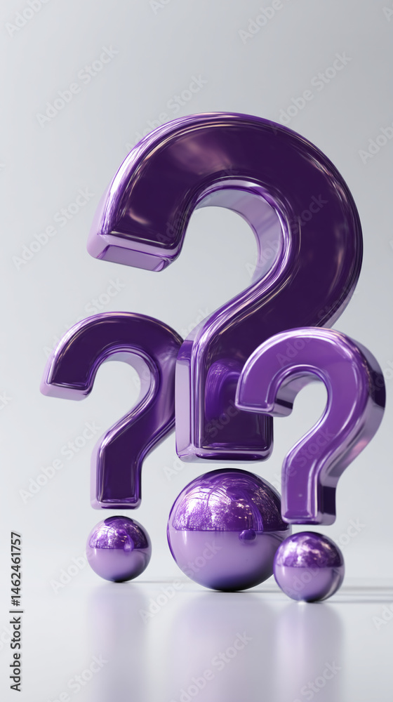 Aufkleber Three glossy purple question marks and spheres, creating a balanced composition, symbolizing inquiry, uncertainty, and problem-solving, ideal for conceptual design or presentations