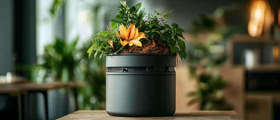A modern planter with diverse greenery and a vibrant orange flower. Ideal for home decor or enhancing office spaces. Adds a touch of nature indoors enhancing any setting