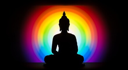 Buddha Silhouette Meditating Against Vibrant Rainbow Aura, Spiritual Illumination, Serene Contemplation, Dark Backdrop, Symbolizing Peace and Enlightenment through Colorful Light