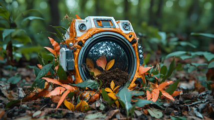 A unique camera model rests in nature surrounded by leaves and foliage.  This image could be used as a conceptual art piece or a background element.
