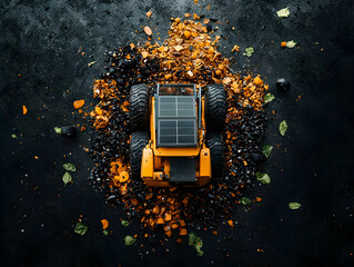 A bird's-eye view showcases a yellow vehicle amidst a pile of debris and organic elements suggesting an environmental cleanup or construction site scene.